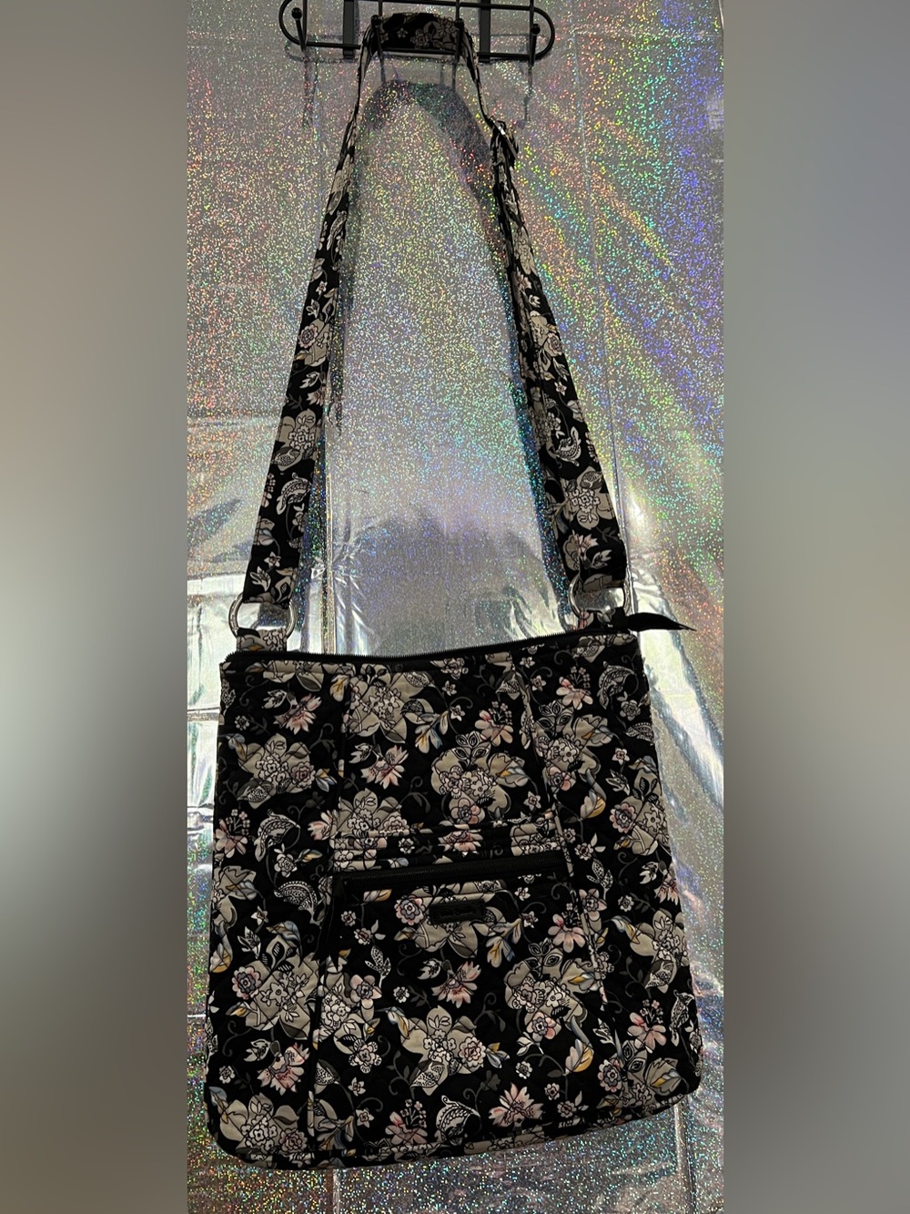 Vera Bradley Black Floral Crossbody Bag Quilted Shoulder Purse Multiple Pockets